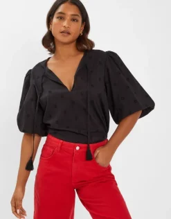 Accessorize Puff Sleeve Cotton Blouse Black