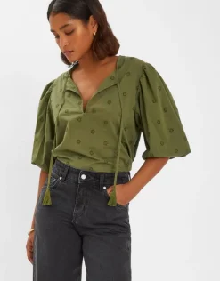 Accessorize Puff Sleeve Cotton Blouse Green