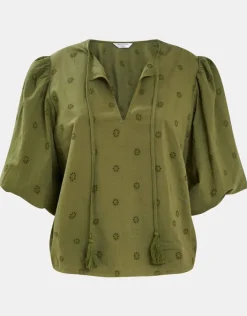 Accessorize Puff Sleeve Cotton Blouse Green