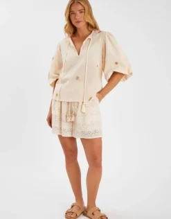 Accessorize Puff Sleeve Embroidered Top Natural