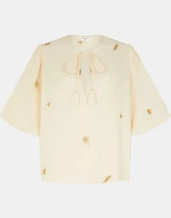 Accessorize Puff Sleeve Embroidered Top Natural