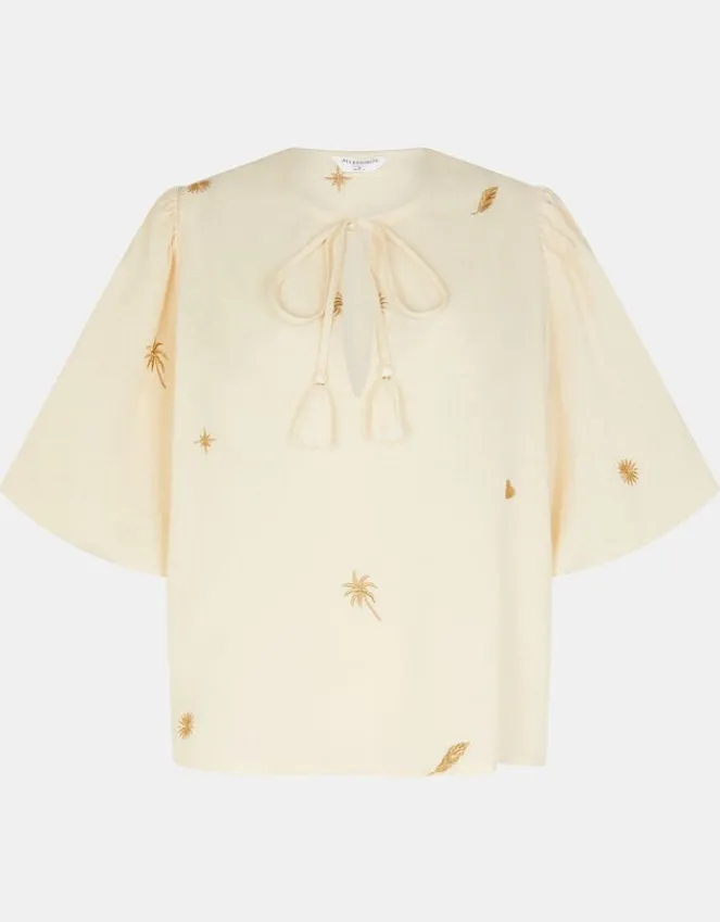 Accessorize Puff Sleeve Embroidered Top Natural