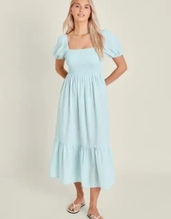 Accessorize Puff Sleeve Smocked Midi Dress Blue