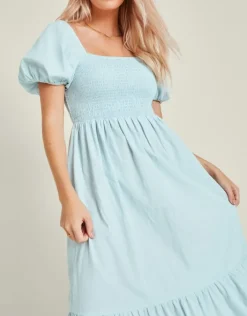 Accessorize Puff Sleeve Smocked Midi Dress Blue