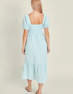 Accessorize Puff Sleeve Smocked Midi Dress Blue