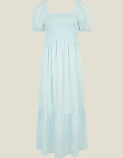 Accessorize Puff Sleeve Smocked Midi Dress Blue