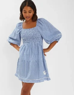 Accessorize Puff-Sleeve Gingham Mini Dress Blue