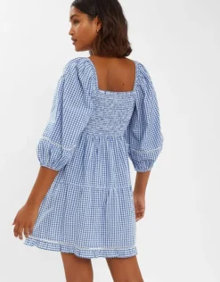 Accessorize Puff-Sleeve Gingham Mini Dress Blue
