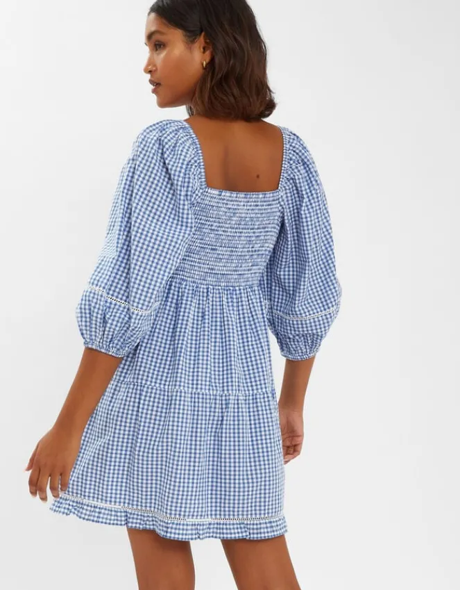 Accessorize Puff-Sleeve Gingham Mini Dress Blue