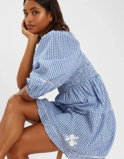 Accessorize Puff-Sleeve Gingham Mini Dress Blue