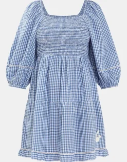 Accessorize Puff-Sleeve Gingham Mini Dress Blue
