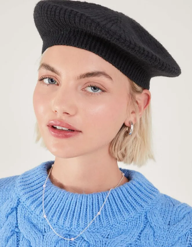 Accessorize Ribbed Knit Beret Black