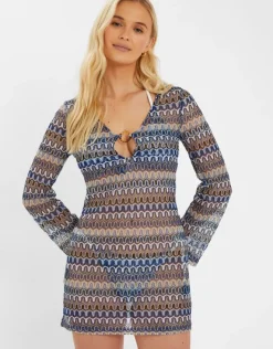 Accessorize Sheer Stitch Beach Cover-Up Mini Dress Blue
