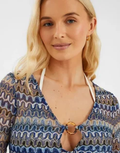 Accessorize Sheer Stitch Beach Cover-Up Mini Dress Blue