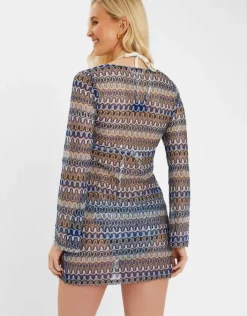 Accessorize Sheer Stitch Beach Cover-Up Mini Dress Blue