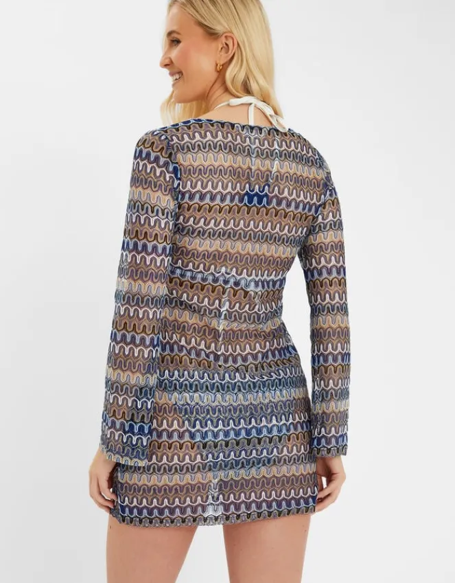 Accessorize Sheer Stitch Beach Cover-Up Mini Dress Blue