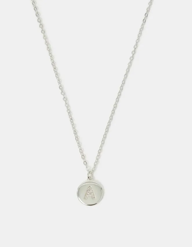 Accessorize Sterling Silver-Plated Diamante Initial Round Pendant Necklace Silver