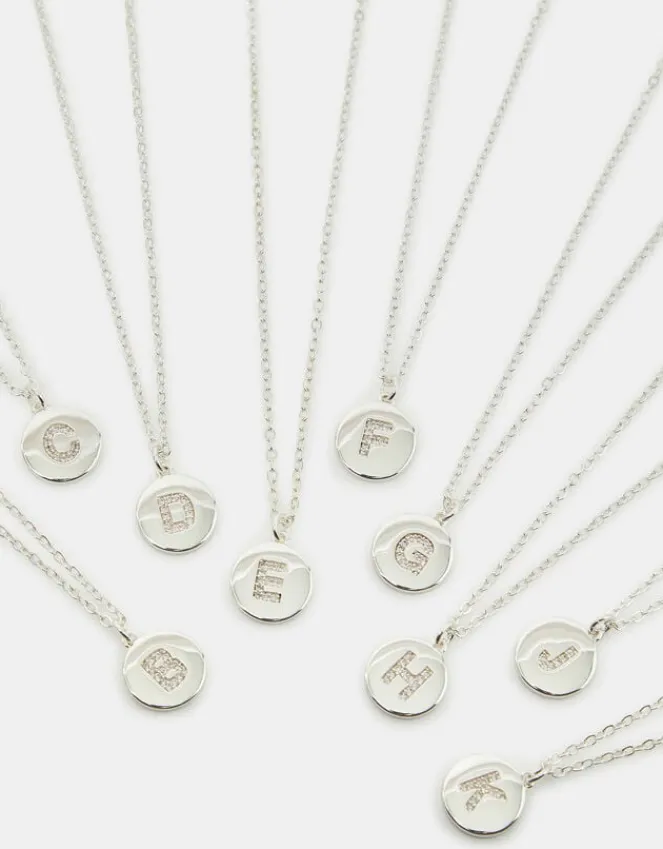 Accessorize Sterling Silver-Plated Diamante Initial Round Pendant Necklace Silver