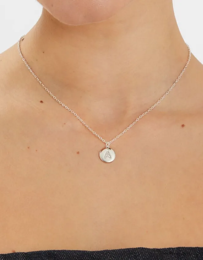 Accessorize Sterling Silver-Plated Diamante Initial Round Pendant Necklace Silver