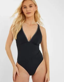 Accessorize Stitch Cross-Back Plunge Swimsuit Black