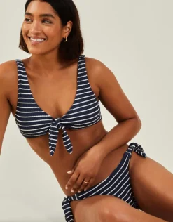Accessorize Stripe Crinkle Tie Bikini Top Blue