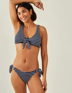 Accessorize Stripe Crinkle Tie Bikini Top Blue