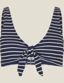 Accessorize Stripe Crinkle Tie Bikini Top Blue