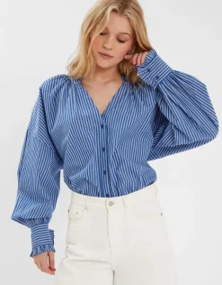 Accessorize Stripe Frill Blouson Blouse Blue