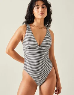 Accessorize Stripe Seersucker Plunge Swimsuit Black