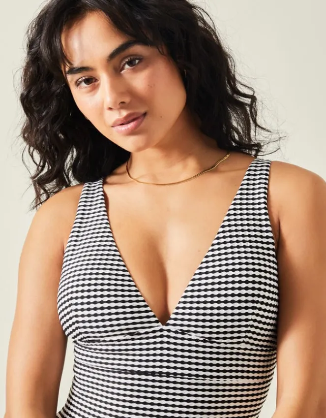 Accessorize Stripe Seersucker Plunge Swimsuit Black
