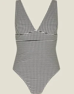 Accessorize Stripe Seersucker Plunge Swimsuit Black