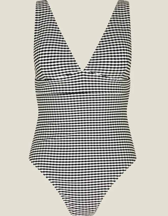 Accessorize Stripe Seersucker Plunge Swimsuit Black