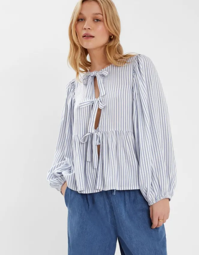 Accessorize Stripe Tie-Front Blouse Blue
