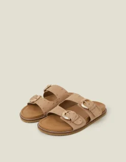 Accessorize Stud Buckle Leather Sandals Natural