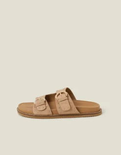 Accessorize Stud Buckle Leather Sandals Natural