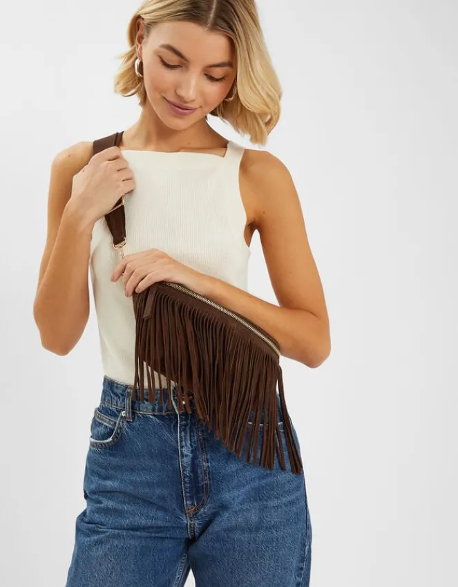 Accessorize Suede Fringe Cross Body Sling Bag