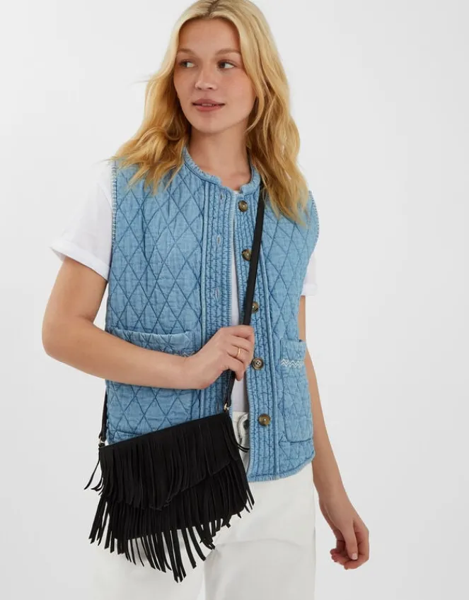 Accessorize Suede Fringe Crossbody Bag Black