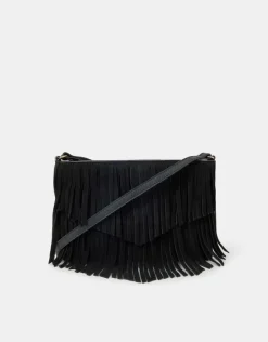 Accessorize Suede Fringe Crossbody Bag Black
