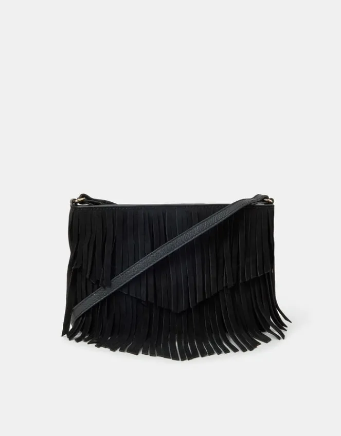 Accessorize Suede Fringe Crossbody Bag Black