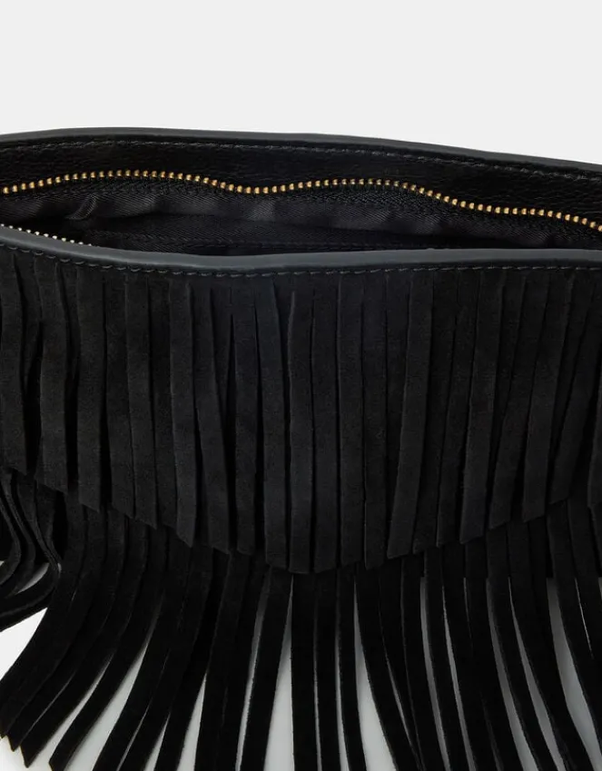 Accessorize Suede Fringe Crossbody Bag Black