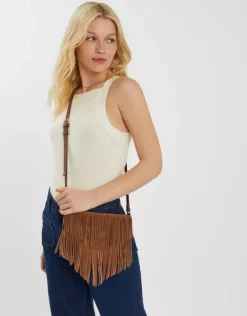 Accessorize Suede Fringe Crossbody Bag Tan