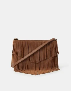Accessorize Suede Fringe Crossbody Bag Tan