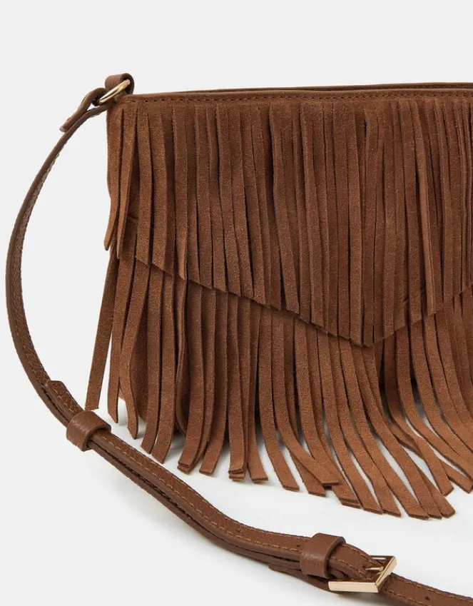 Accessorize Suede Fringe Crossbody Bag Tan
