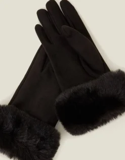 Accessorize Suedette Faux Fur Cuff Gloves Black