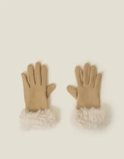 Accessorize Suedette Faux Fur Cuff Gloves Natural