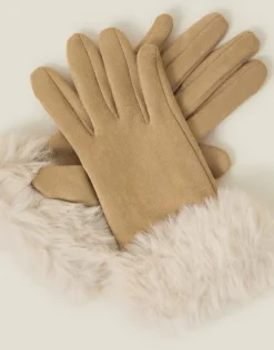 Accessorize Suedette Faux Fur Cuff Gloves Natural