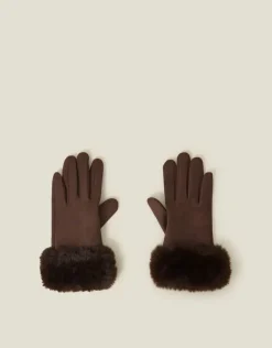 Accessorize Suedette Faux Fur Cuff Gloves Brown