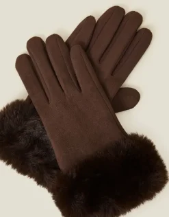 Accessorize Suedette Faux Fur Cuff Gloves Brown