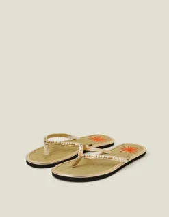 Accessorize Sun Embroidered Seagrass Flip Flops Gold