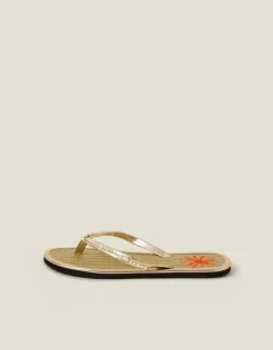 Accessorize Sun Embroidered Seagrass Flip Flops Gold